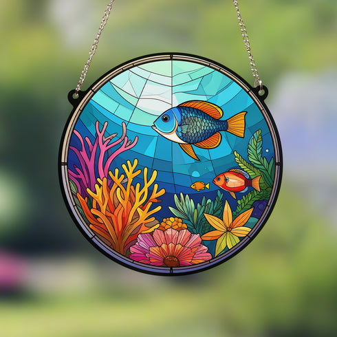 Three Fish and Coral Stained Glass Effect Suncatcher